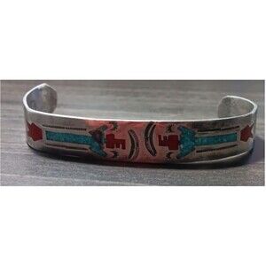 Red And Turquois Native American Navajo Pewter Cuff Bracelet